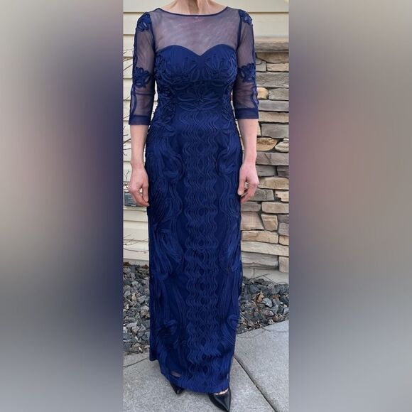 Nordstrom JS Collections dark blue mesh/embroidered maxi dress, v-back, zipper,2 - Picture 1 of 10